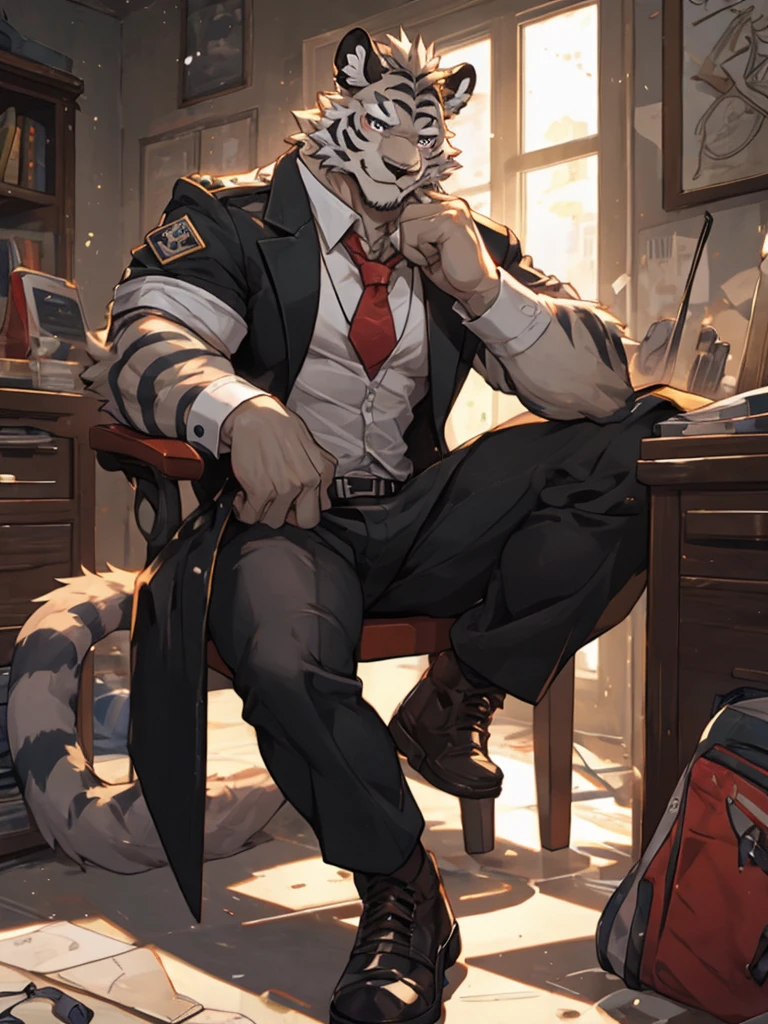 {{bara extremely handsome white tiger,}} {{white fur,}} white, wearing military like ornate trench coat, trousers, white dress shirt and necktie, white fluffy furry body and limbs, loafers, very tall, very broad shoulders, narrow waist, muscular arms, massive pecs, purple eyes, very long legs, sitting on swivel chair with legs spread, from below perspective, massive bulge, sophisticated hot look, sexy pose, full body, sunlight casting over, 3/4 view, best quality, high quality, silver earring on left ear, sultry smirk