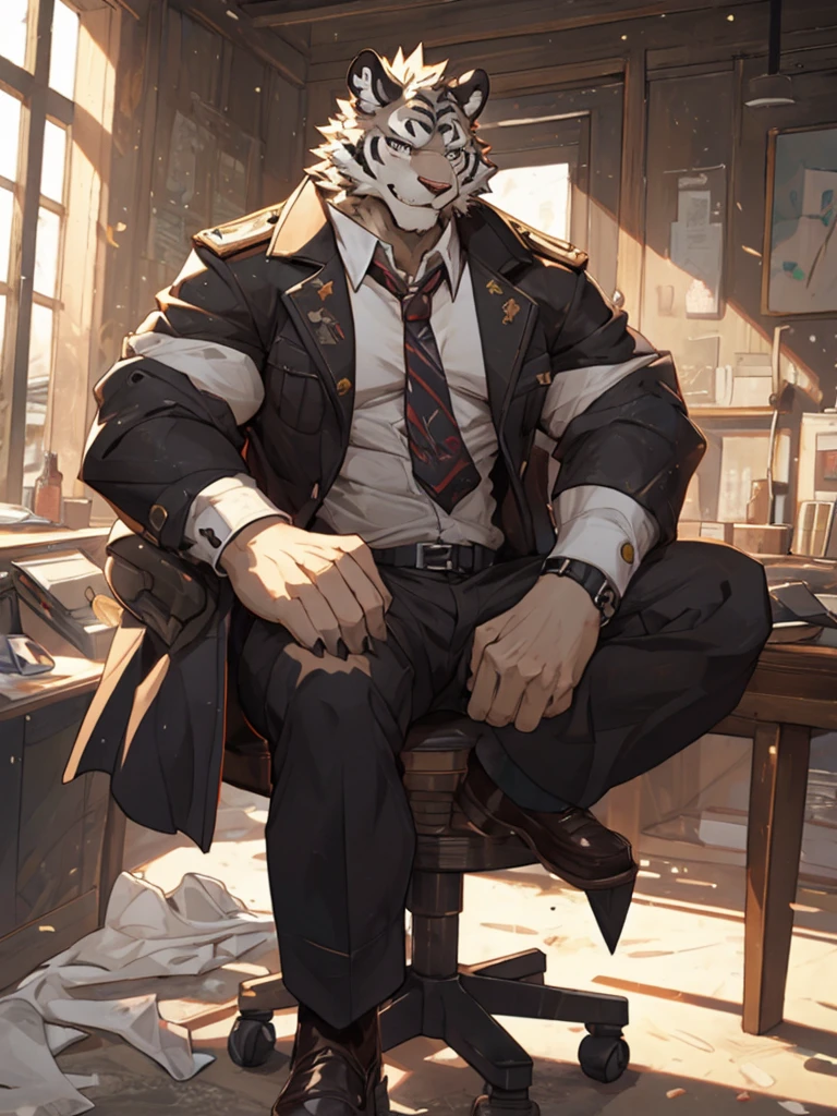 {{bara extremely handsome white tiger,}} {{white fur,}} white, wearing ornate trench coat, purple trousers, white dress shirt and necktie, white fluffy furry body and limbs, loafers, very tall, very broad shoulders, narrow waist, muscular arms, massive pecs, purple eyes, very long legs, sitting on swivel chair with legs spread, from below perspective, massive bulge, sophisticated hot look, sexy pose, full body, sunlight casting over, 3/4 view, best quality, high quality, silver earring on left ear, sultry smirk