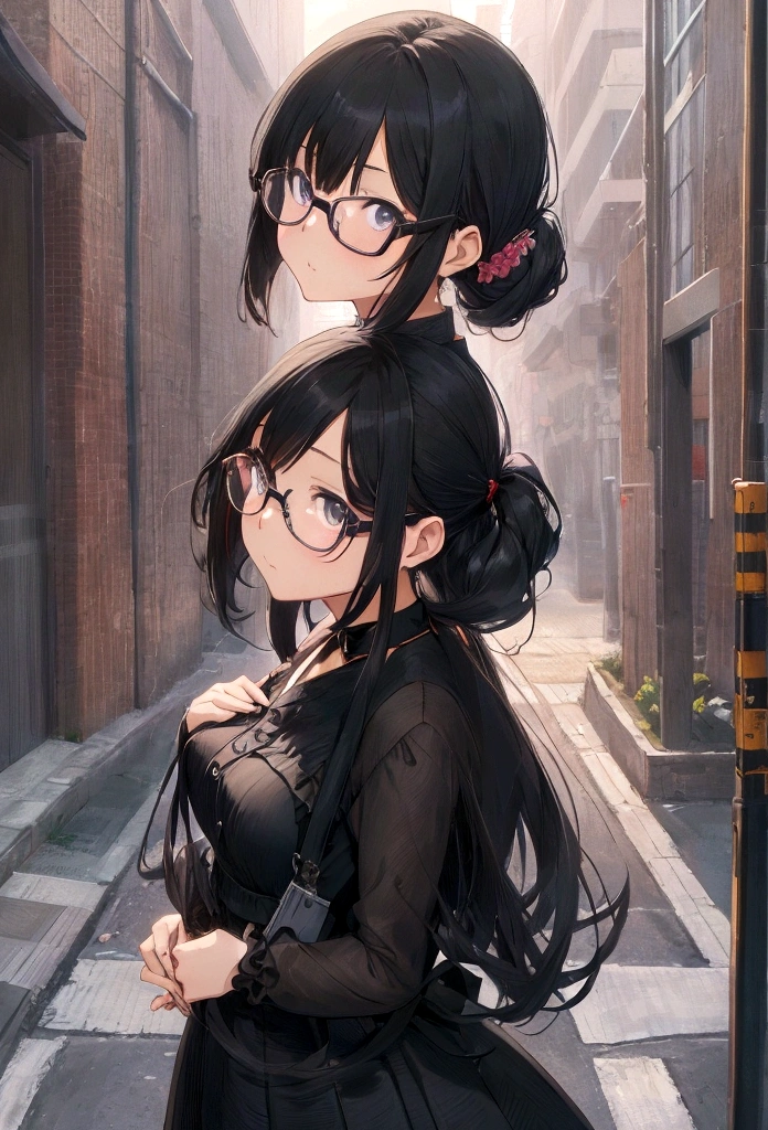 Anime girl with glasses and black dress standing on the sidewalk, Half Yamada, a hyperRealistic , Anime Moe Art Style, hyperRealistic , Gwaiz, , Enchanting anime girl, Beautiful anime girl crouching, Realistic , Anime girl in a black dress, artwork in the style of Gwaiz, chic