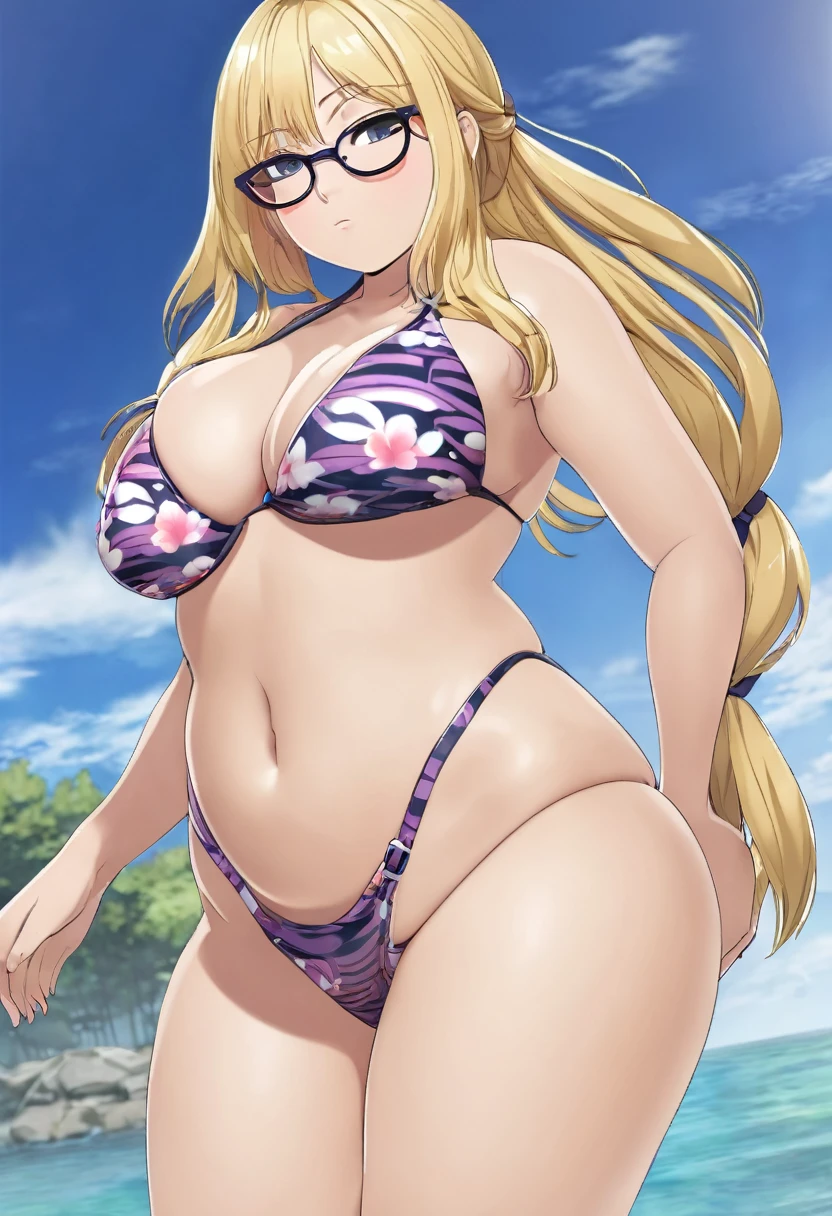 Full body of chubby curvy anime woman blond hair glasses very big huge gigantic curves in hot sexy bikini