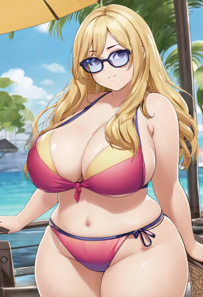 Full body of chubby curvy anime woman blond hair glasses very big huge gigantic curves in hot sexy bikini