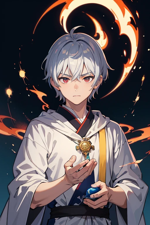 masterpiece, Highest quality, High resolution,Anime Style、Anatomically correct、Silver Hair、Short Hair、male、Wizard、White Robe、magic、A small blue ball of fire and a small red ball of fire、With an ancient castle in the background、Upper body only