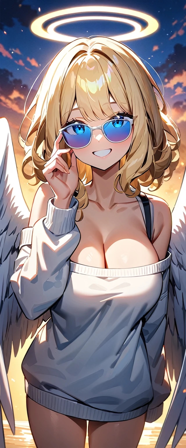 ((angel, big big white wings:1.3, halo:1.3)), ((sky)), (((sunglasses, hand to sunglasses))), (((cowboy shot))), archangel Uriel, ((wavy hair, inward curled hair)), evening, Sunset, ((blond hair, bob cut:1.3)), big breasts, teenager, (looking at viewer), oversized clothes, puffy long sleeves, cleavage, ((off-shoulder sweater:1.3, Quite thick shoulder straps)), ((white sweater)), collarbone, head tilt:1.3, (((blue eyes))), ((happy smile)), (((anime style))), (best quality, 4K, 8K, highres, masterpiece:1.2, ultra-detailed, ultra-detailed eyes, HDR, uhd, studio lighting, ultra-fine painting, sharp focus, physically-based rendering, extreme detail description, professional, vivid colors, bokeh)