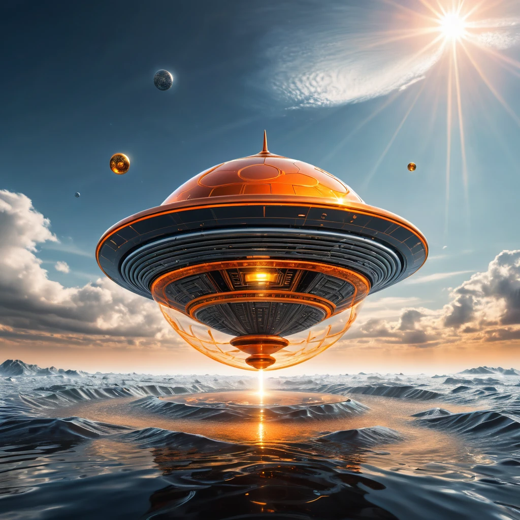 A photorealistic image of a sky made entirely of [green digital Crypto icon], with air waves and ripples. In the center, a [metal Orange luxurious futuristic alien UFO] floats. The sky above is clear with a few scattered clouds, casting a serene light over the [Crypto icon] sky, creating a surreal and stunning landscape. The scene captures the vastness of the sky and the isolation of the [metal red luxurious futuristic alien boat]