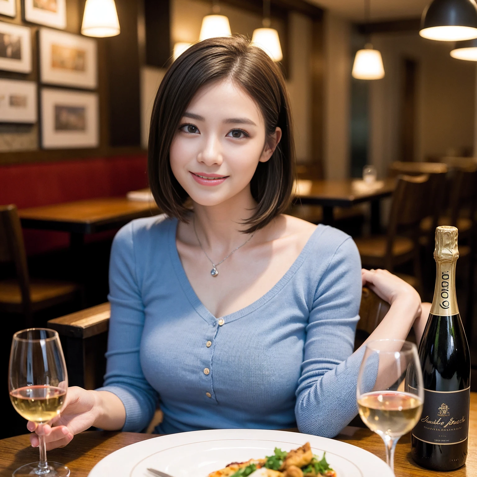 ((Highest quality、8K、masterpiece:1.3))、slimカップル、modelカップル、(Realistic, Intricate details:1.2), full-course dinner、Wine Party、Amazing view of the sunset sky and clouds、A bright smile、The wonderfulness of smile、Bright image、The beauty of wine, Beautiful Face, blue eyes, The light shines on your face, Blushing, short hair,Bright Face、 (Age 37), 39 years old, red wine 、Appetizers、Italian food、Wine bottle、Champagne、sparkling wine、Two beauties、Brown Hair、Shortcuts、Long sleeve shirt、dress、Beautiful woman 1, (slimな顔), (The body is slim), (Brown Hair), (Shortcuts), cheeks turn a little red,Attractive beauty、restaurant, In a prominent place (From the waist up) Nova Frog Style, actress, model, Upper Body, White wine, slim, wine glass, 中央に置かれたwine glass, smile, (smile: 1.15), Beautiful fine grain, Depth f/2,saturation, High Contrast, Strong light and shadow,Moist Body:1.5、3D texture、Delicate eyes、Brown Hair、The hair is very shiny、