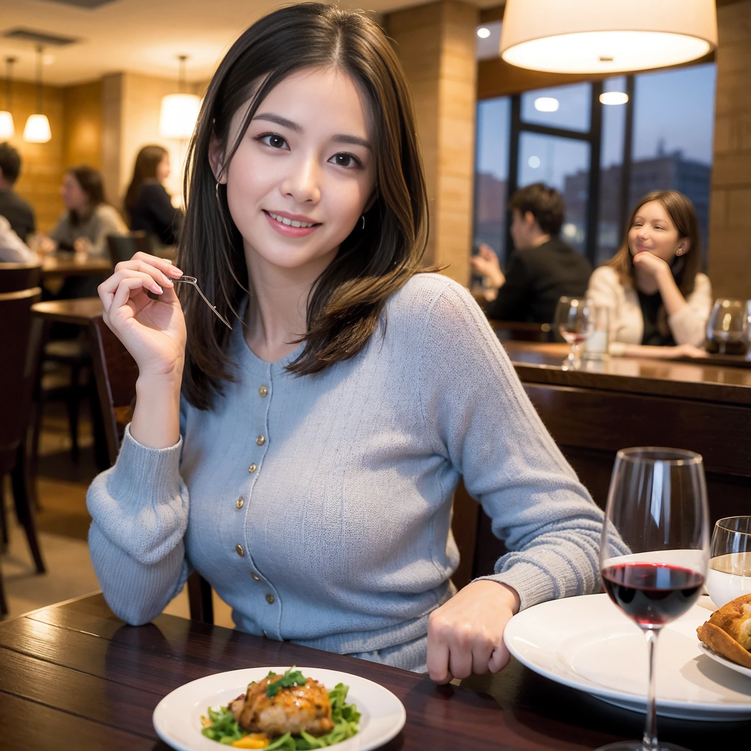 ((Highest quality、8K、masterpiece:1.3))、slimカップル、modelカップル、(Realistic, Intricate details:1.2), full-course dinner、Wine Party、Amazing view of the sunset sky and clouds、A bright smile、The wonderfulness of smile、Bright image、The beauty of wine, Beautiful Face, blue eyes, The light shines on your face, Blushing, short hair,Bright Face、 (Age 37), 39 years old, red wine 、Appetizers、Italian food、Wine bottle、Champagne、sparkling wine、Two beauties、Brown Hair、Shortcuts、Long sleeve shirt、dress、Beautiful woman 1, (slimな顔), (The body is slim), (Brown Hair), (Shortcuts), cheeks turn a little red,Attractive beauty、restaurant, In a prominent place (From the waist up) Nova Frog Style, actress, model, Upper Body, White wine, slim, wine glass, 中央に置かれたwine glass, smile, (smile: 1.15), Beautiful fine grain, Depth f/2,saturation, High Contrast, Strong light and shadow,Moist Body:1.5、3D texture、Delicate eyes、Brown Hair、The hair is very shiny、