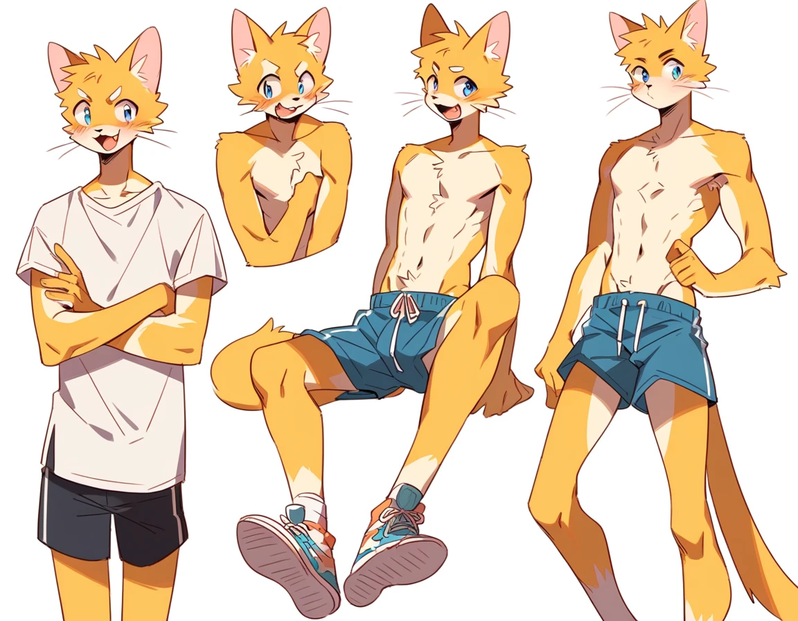score_9, score_8_up, score_7_up, male, furry, high quality, hires, anthro, teenager, 16 years old, domestic cat, yellow fur, blue eyes, handsome, excited expression, humanoid feet, slim body, prominent v-line, prominent abs, prominent legs, toned calves, prominent forearms, prominent knees, white background, treasure trail, armpit hair, shaggy legs, low-rise shorts, in various poses