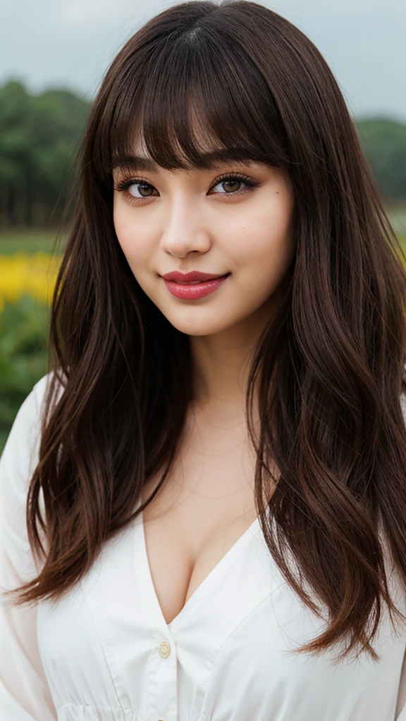 Beauty, Mystical Eyes、Big 、Super sexy、Pale skin、Shiny Hair、Super long hair、Loose and fluffy perm、Brown Hair、Are fat、fat、smile、Heavy makeup、Pink lipstick、Thick lipoisturized lips、Plump、Voluptuous、Indian、spring、Blue sky、White cloud、looking at the camera、Has bangs、Bangs fall on the forehead、Heavy makeup、Heavy makeup、The face is dark、Exotic Face
