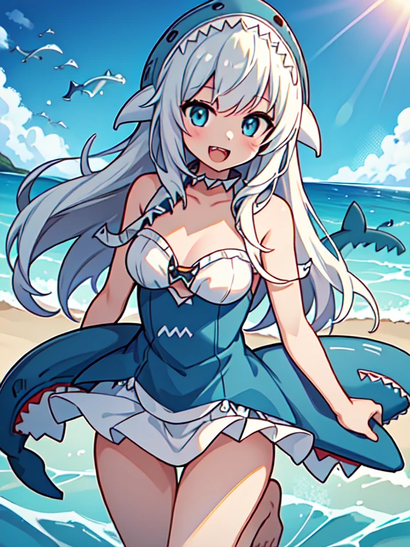 uhd, high quality, high details, 1 Girl, solo, (Shark costume:1.4), Seaside, Sandy Beach, Wave, sun, Jump, smile, Waveしぶき, Light tones, Reflection of light, summer