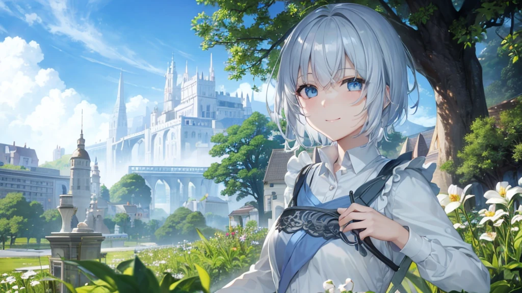 Ultra HD,Look at the viewers, Put your hands behind your back, With a girl, 20-year-old, 非常にShort Hair, Long bangs between the eyes, Pale blue eyes,  Very detailed,(masterpiece、Highest quality),Gray Hair、Laughter、Fantastic, Silver Hair, Iris,  Short hair、 Fluttering Hair、Small Face、明るいsmile、(Detailed face) ,Professional Lighting,Wonderful landscape,blue sky, sunlight,Looking down from above,Portraiture、Open your mouth、Flower Field、Her eyes were shining、Mysterious and enchanting atmosphere。With AI Painting、とてもShort Hair, Long bangs between the eyes, Very detailed,(masterpiece、Highest quality)、alone、Gray Hair、Fantasy, Silver Hair, Fantasyな風景、White shirt、smile、Open your mouth、short hair、Short Hair、hairpin、black eye、Grey Eyes、Beautiful Eyes、