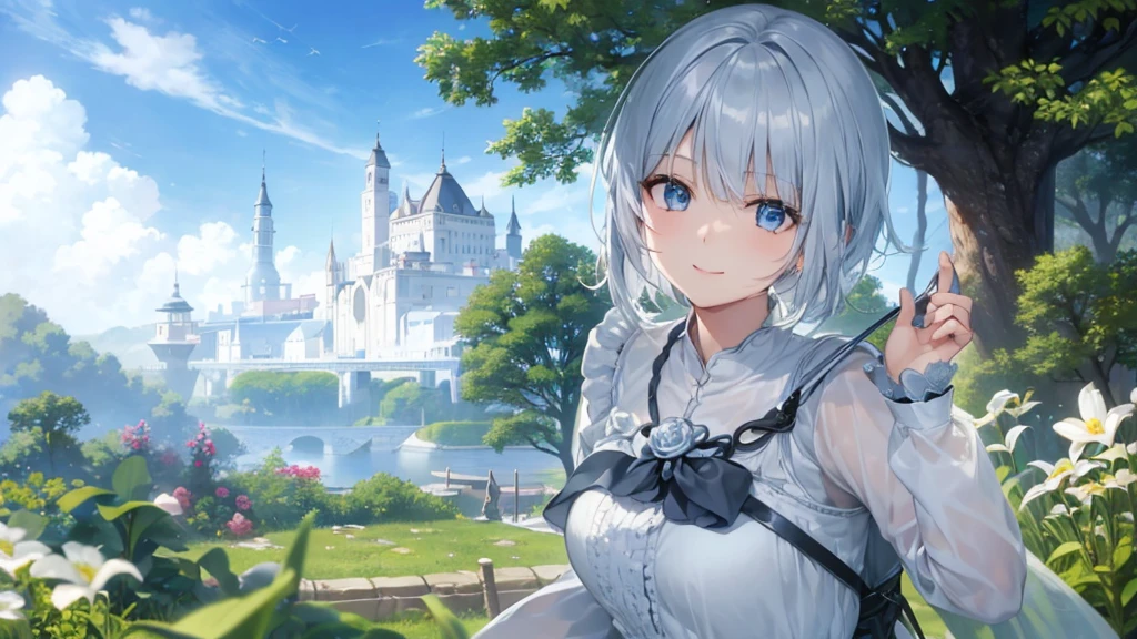 Ultra HD,Look at the viewers, Put your hands behind your back, With a girl, 20-year-old, 非常にShort Hair, Long bangs between the eyes, Pale blue eyes,  Very detailed,(masterpiece、Highest quality),Gray Hair、Laughter、Fantastic, Silver Hair, Iris,  Short hair、 Fluttering Hair、Small Face、明るいsmile、(Detailed face) ,Professional Lighting,Wonderful landscape,blue sky, sunlight,Looking down from above,Portraiture、Open your mouth、Flower Field、Her eyes were shining、Mysterious and enchanting atmosphere。With AI Painting、とてもShort Hair, Long bangs between the eyes, Very detailed,(masterpiece、Highest quality)、alone、Gray Hair、Fantasy, Silver Hair, Fantasyな風景、White shirt、smile、Open your mouth、short hair、Short Hair、hairpin、black eye、Grey Eyes、Beautiful Eyes、