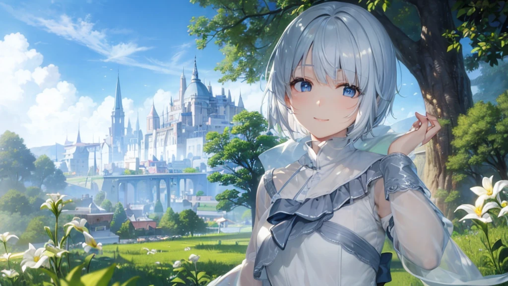 Ultra HD,Look at the viewers, Put your hands behind your back, With a girl, 20-year-old, 非常にShort Hair, Long bangs between the eyes, Pale blue eyes, Very detailed,(masterpiece、Highest quality),Gray Hair、Laughter、Fantastic, Silver Hair, Iris, Short hair、 Fluttering Hair、Small Face、明るいsmile、(Detailed face) ,Professional Lighting,Wonderful landscape,blue sky, sunlight,Looking down from above,Portraiture、Open your mouth、Flower Field、Her eyes were shining、Mysterious and enchanting atmosphere。With AI Painting、とてもShort Hair, Long bangs between the eyes, Very detailed,(masterpiece、Highest quality)、alone、Gray Hair、Fantasy, Silver Hair, Fantasyな風景、White shirt、smile、Open your mouth、short hair、Short Hair、hairpin、black eye、Grey Eyes、Beautiful Eyes、