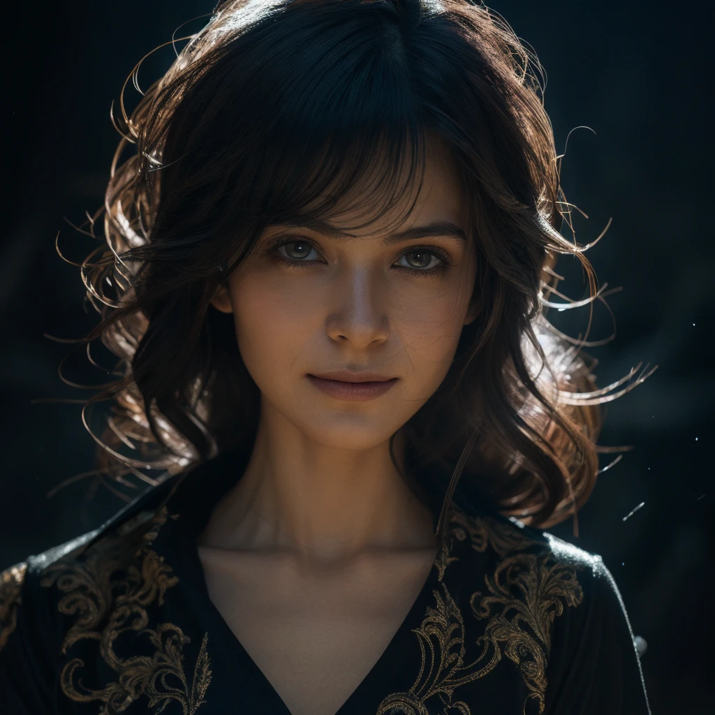 (front focus), (in the dark:1.6), Hyperrealist portrait of female by david hockney and alphonse mucha, fantasy art, photo realistic, dynamic lighting, artstation, poster, volumetric lighting, very detailed faces, 4 k, award winning, 1girl, in the dark, deep shadow, low key, cowboy shot, (official clothing:1.4), long hair, white hair, smile, ultra detailed skin, 