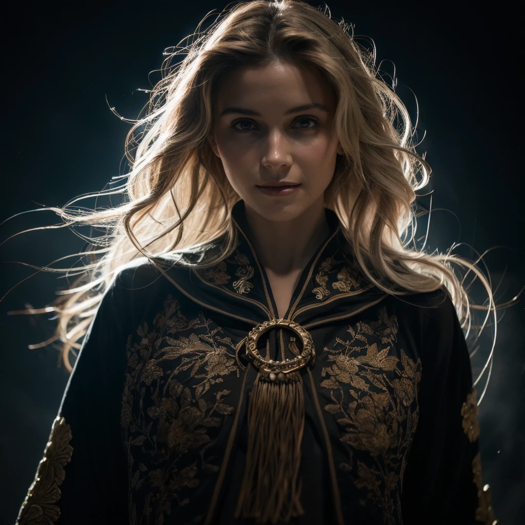 (front focus), (in the dark:1.6), Hyperrealist portrait of female by david hockney and alphonse mucha, fantasy art, photo realistic, dynamic lighting, artstation, poster, volumetric lighting, very detailed faces, 4 k, award winning, 1girl, in the dark, deep shadow, low key, cowboy shot, (official clothing:1.4), long hair, white hair, smile, ultra detailed skin,