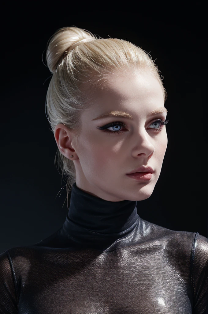 woman pretty, blonde, slicked back bun hair, blonde hair , big breast,  sexy, pale skin , wearing navy-turtleneck dress, eyeliner ,white skin,foxy eyeliner , makeup ,pale woman painting, beautiful light deep focus, elegant, digital painting, smooth, dramatic lighting , 8k, art , black background,black background, black wallpaper