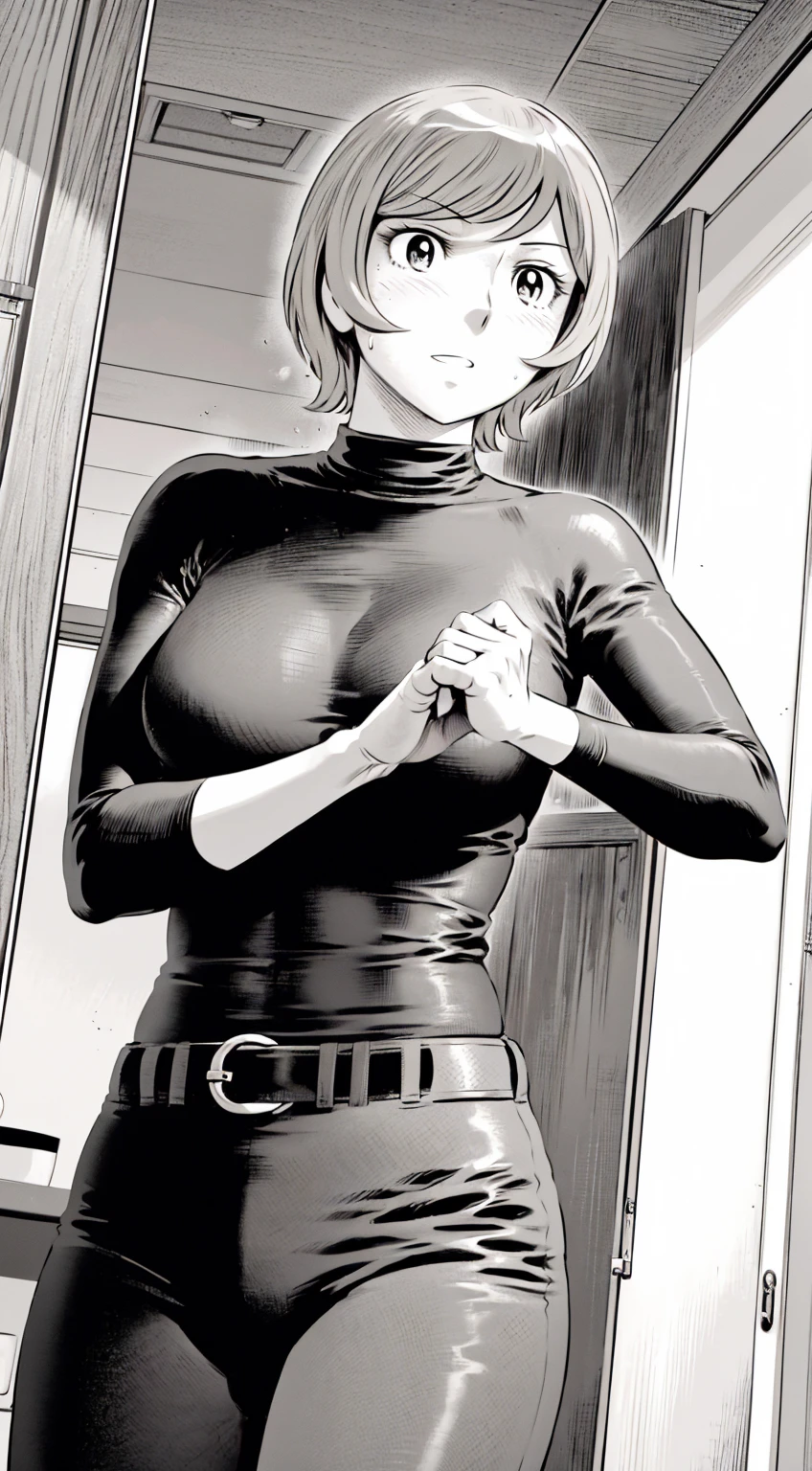 、(masterpiece、Highest quality)、Highest quality, Ultra-high resolution, (((masterpiece))), alone, Sweat、Big eyes,Tight black shirt、Tight white pants、belt、indoor、Composition from the front、(Cut the back hair short、short hair、blonde、woman)、Shortcuts、Embarrassed face、Cut your hair short、可愛いwomanの子、Big Breasts、Inside the room、Full Color、Baseball uniform