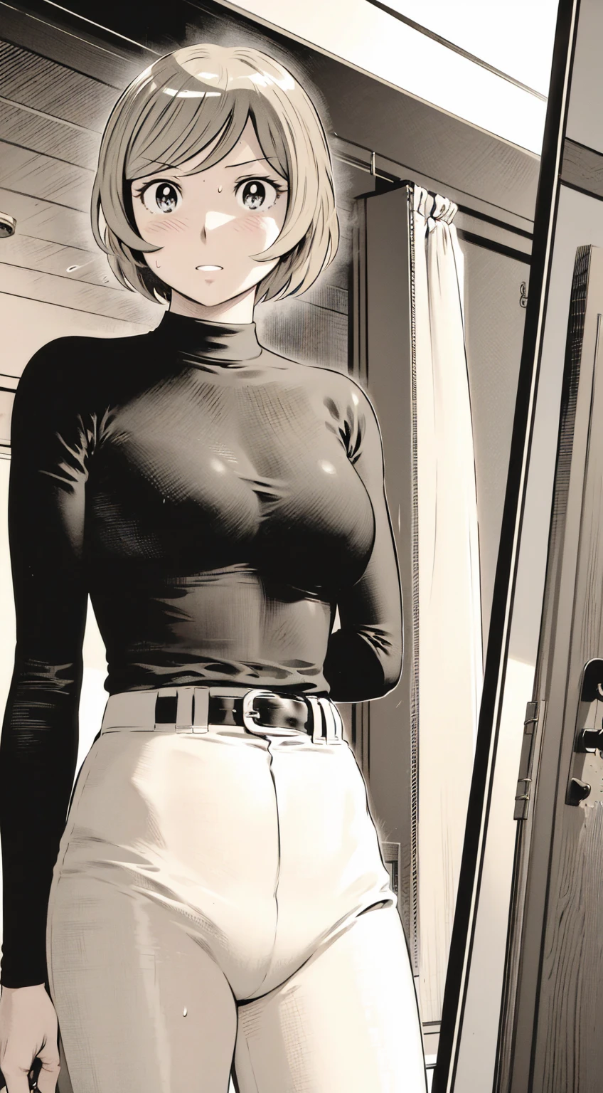 、(masterpiece、Highest quality)、Highest quality, Ultra-high resolution, (((masterpiece))), alone, Sweat、Big eyes,Tight black shirt、Tight white pants、belt、indoor、Composition from the front、(Cut the back hair short、short hair、blonde、woman)、Shortcuts、Embarrassed face、Cut your hair short、可愛いwomanの子、Big Breasts、Inside the room、Full Color、Baseball uniform