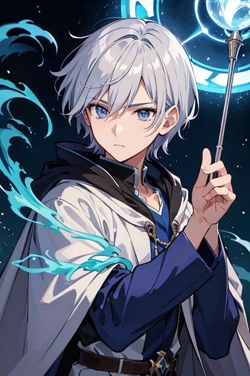 masterpiece, Highest quality, High resolution，Anime Style、Anatomically correct、Silver Hair、Short Hair、male、Wizard、White Robe、magic、Blue Flame Cross、With an ancient castle in the background、Upper body only