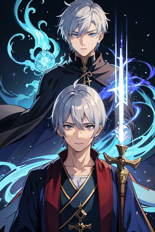 masterpiece, Highest quality, High resolution，Anime Style、Anatomically correct、Silver Hair、Short Hair、male、Wizard、Robe、magic、Blue Flame Cross、With an ancient castle in the background、Upper body only