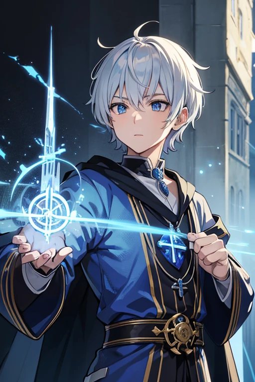 masterpiece, Highest quality, High resolution,Anime Style、Anatomically correct、Silver Hair、Short Hair、male、Wizard、Robe、magic、Blue Flame Cross、With an ancient castle in the background、Upper body only