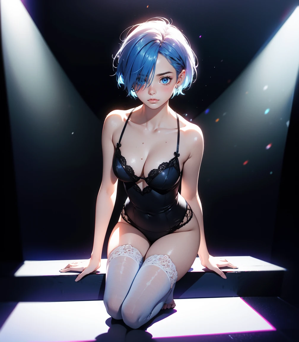 Masterpiece, best quality, 16k resolution, NVIDIA RTX Ray Tracing technology, Create a 4K resolution, ultra-realistic, and extremely detailed artwork, award winning, retina, soft light, sharp focus.(hyper-realistic:1.4) , (medium shot:1.5)
Rem from rezero, (remrin), cute, lustrous skin, enchanting gaze, blue hair, short hair, hair over one eye, blue eyes, white thighhighs, looking at viewer, strongly ashamed, embarrased, blushing, epic, cinematic, dramatic, reflective, shining, purple glow, big breasts, cleavage, sexy, modeling pose, turned
FULL BODY SHOT, ultra wide angle, textured skin, face detail, clean skin, perfect hands, perfect anatomy, anatomically correct