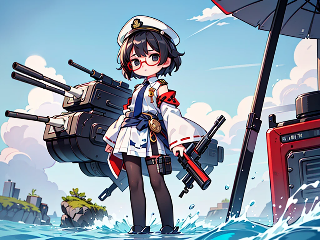 (((masterpiece, Vision))), ((((Full body of a woman with perfect flat chest、1 Female、solo、Short unkempt black hair、Tie your messy hair at the nape of your neck、white military jacket、Miko costume、black tights、Black glasses、White military cap、Cloudy black eyes、Confused eyes、Junyo-inspired emblem)))), (((Shipgirl))), ((Floating on the morning sea with both feet)), (Standing with your legs apart), (Hold the shotgun turret grip with your right hand), (Equipped with a large caliber turret with a mechanical arm extending from the waist), (Equipped with a turret on the back), (His left arm holds the grip of a triple machine gun), Shotgun shell in left arm, Bullet belt on thigh, Spreading the Machine's Wings, 2. Machine Tail, 背景に3Shipgirl,