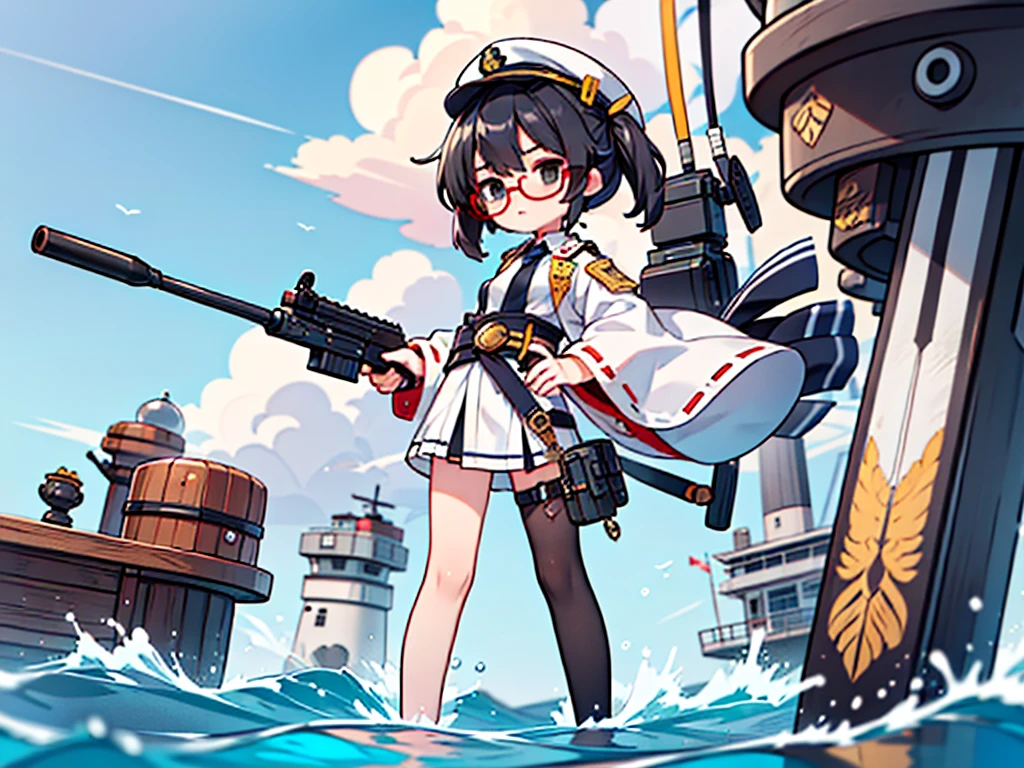 (((masterpiece, Vision))), ((((Full body of a woman with perfect flat chest、1 Female、solo、Short unkempt black hair、Tie your messy hair at the nape of your neck、white military jacket、Miko costume、black tights、Black glasses、White military cap、Cloudy black eyes、Confused eyes、Junyo-inspired emblem)))), (((Shipgirl))), ((Floating on the morning sea with both feet)), (Standing with your legs apart), (Hold the shotgun turret grip with your right hand), (Equipped with a large caliber turret with a mechanical arm extending from the waist), (Equipped with a turret on the back), (His left arm holds the grip of a triple machine gun), Shotgun shell in left arm, Bullet belt on thigh, Spreading the Machine's Wings, 2. Machine Tail, 背景に3Shipgirl,
