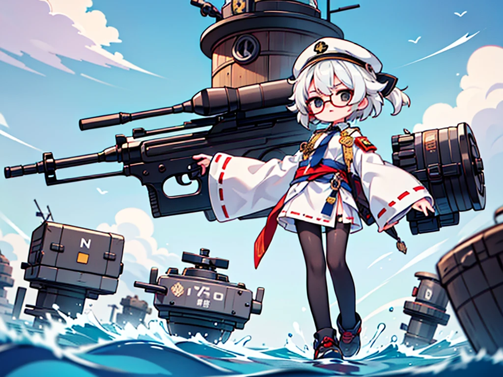 (((masterpiece, Vision))), ((((Full body of a woman with perfect flat chest、1 Female、solo、Short unkempt black hair、Tie your messy hair at the nape of your neck、white military jacket、Miko costume、black tights、Black glasses、White military cap、Cloudy black eyes、Confused eyes、Junyo-inspired emblem)))), (((Shipgirl))), ((Floating on the morning sea with both feet)), (Standing with your legs apart), (Hold the shotgun turret grip with your right hand), (Equipped with a large caliber turret with a mechanical arm extending from the waist), (Equipped with a turret on the back), (His left arm holds the grip of a triple machine gun), Shotgun shell in left arm, Bullet belt on thigh, Spreading the Machine's Wings, 2. Machine Tail, 背景に3Shipgirl,