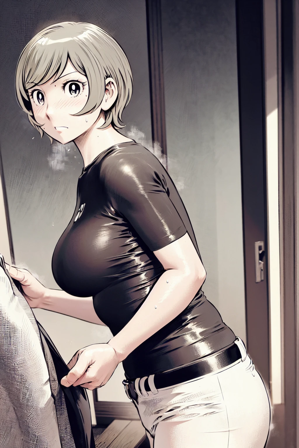 、(masterpiece、Highest quality)、Highest quality, Ultra-high resolution, (((masterpiece))), alone, Sweat、Big eyes,Tight black shirt、Tight white pants、belt、indoor、Composition from the front、(Cut the back hair short、short hair、blonde、woman)、Shortcuts、Embarrassed face、Cut your hair short、可愛いwomanの子、Big Breasts、Inside the room、Full Color、Baseball uniform