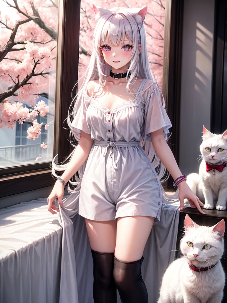 1 woman,beautiful white hair,beautiful purple eyes,Light pink blush,Light Red Lipstick,Facing the camera,Wearing a black T-shirt.,shorts,white skin,Put on a collar,White cat ears,smile a little,Standing in the bedroom in the morning,Put on a bracelet,(8K images),(Light and 4K),Outside the window there are cherry blossoms.