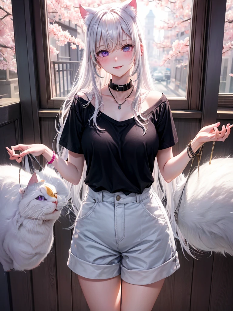 1 woman,beautiful white hair,beautiful purple eyes,Light pink blush,Light Red Lipstick,Facing the camera,Wearing a black T-shirt.,shorts,white skin,Put on a collar,White cat ears,smile a little,Standing in the bedroom in the morning,Put on a bracelet,(8K images),(Light and 4K),Outside the window there are cherry blossoms.