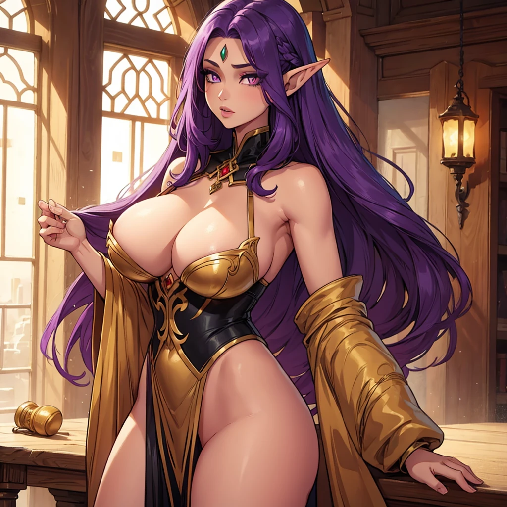 Beautiful woman , very long hair, elf ears , purple hair , golden eyes , big bust , light skin , mature woman ,huge breasts,