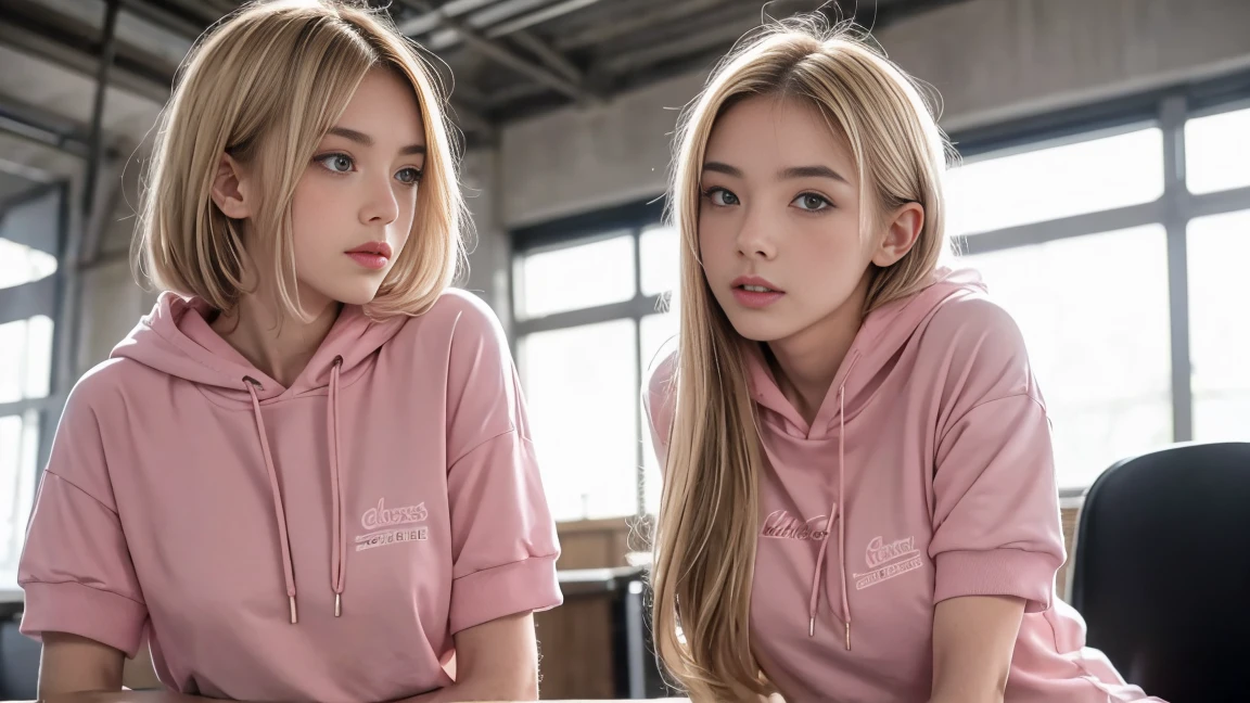 deux femmes blonde ensemble de 18 ans sexy et mince , pink short sleeve hoodie , salle de classe, se touche,position sey,sensuel