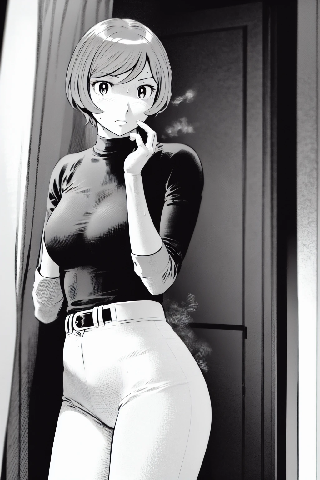 、(masterpiece、Highest quality)、Highest quality, Ultra-high resolution, (((masterpiece))), alone, Sweat、Big eyes,Tight black shirt、Tight white pants、belt、indoor、Composition from the front、（Cut the back hair short、short hair、blonde、woman）、Shortcuts、Embarrassed face、Cut your hair short、可愛いwomanの子、Big Breasts、office