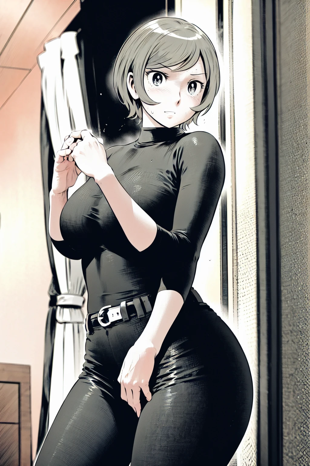 、(masterpiece、Highest quality)、Highest quality, Ultra-high resolution, (((masterpiece))), alone, Sweat、Big eyes,Tight black shirt、Tight white pants、belt、indoor、Composition from the front、(Cut the back hair short、short hair、blonde、woman)、Shortcuts、Embarrassed face、Cut your hair short、可愛いwomanの子、Big Breasts、Inside the room、Full Color、Baseball uniform