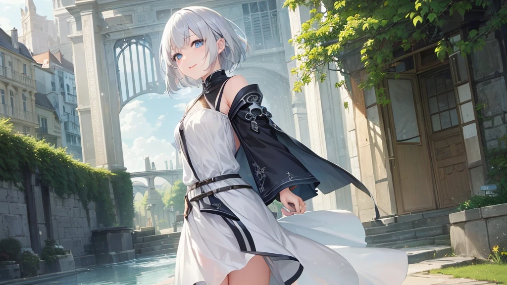 Ultra HD,Look at the viewers, Put your hands behind your back, With a girl, 20-year-old, 非常にShort Hair, Long bangs between the eyes, Pale blue eyes,  Very detailed,(masterpiece、Highest quality),Gray Hair、Laughter、Fantastic, Silver Hair, Iris,  Short hair、 Fluttering Hair、Small Face、明るいsmile、(Detailed face) ,Professional Lighting,Wonderful landscape,blue sky, sunlight,Looking down from above,Portraiture、Open your mouth、Flower Field、Her eyes were shining、Mysterious and enchanting atmosphere。With AI Painting、とてもShort Hair, Long bangs between the eyes, Very detailed,(masterpiece、Highest quality)、alone、Gray Hair、Fantasy, Silver Hair, Fantasyな風景、White shirt、smile、Open your mouth、short hair、Short Hair、hairpin、black eye、Grey Eyes、Beautiful Eyes、