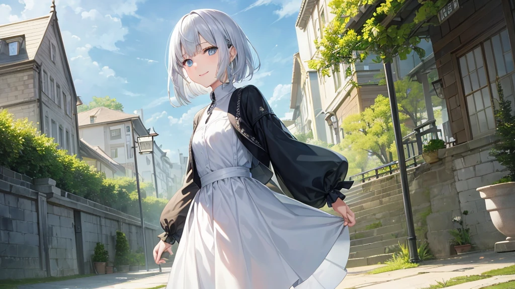 Ultra HD,Look at the viewers, Put your hands behind your back, With a girl, 20-year-old, 非常にShort Hair, Long bangs between the eyes, Pale blue eyes,  Very detailed,(masterpiece、Highest quality),Gray Hair、Laughter、Fantastic, Silver Hair, Iris,  Short hair、 Fluttering Hair、Small Face、明るいsmile、(Detailed face) ,Professional Lighting,Wonderful landscape,blue sky, sunlight,Looking down from above,Portraiture、Open your mouth、Flower Field、Her eyes were shining、Mysterious and enchanting atmosphere。With AI Painting、とてもShort Hair, Long bangs between the eyes, Very detailed,(masterpiece、Highest quality)、alone、Gray Hair、Fantasy, Silver Hair, Fantasyな風景、White shirt、smile、Open your mouth、short hair、Short Hair、hairpin、black eye、Grey Eyes、Beautiful Eyes、