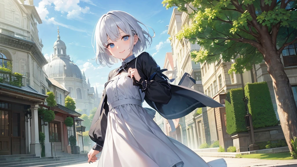 Ultra HD,Look at the viewers, Put your hands behind your back, With a girl, 20-year-old, 非常にShort Hair, Long bangs between the eyes, Pale blue eyes, Very detailed,(masterpiece、Highest quality),Gray Hair、Laughter、Fantastic, Silver Hair, Iris, Short hair、 Fluttering Hair、Small Face、明るいsmile、(Detailed face) ,Professional Lighting,Wonderful landscape,blue sky, sunlight,Looking down from above,Portraiture、Open your mouth、Flower Field、Her eyes were shining、Mysterious and enchanting atmosphere。With AI Painting、とてもShort Hair, Long bangs between the eyes, Very detailed,(masterpiece、Highest quality)、alone、Gray Hair、Fantasy, Silver Hair, Fantasyな風景、White shirt、smile、Open your mouth、short hair、Short Hair、hairpin、black eye、Grey Eyes、Beautiful Eyes、