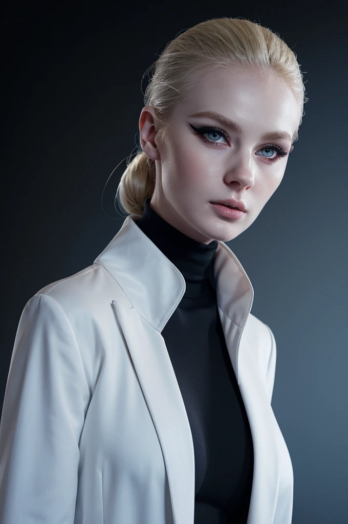 woman pretty, blonde, slicked back bun hair, blonde hair , big breast, sexy, pale skin , wearing blue navy-turtleneck suit, eyeliner ,white skin,foxy eyeliner , makeup ,pale woman painting, beautiful light deep focus, elegant, digital painting, smooth, dramatic lighting , 8k, art , black background,black background, black wallpaper