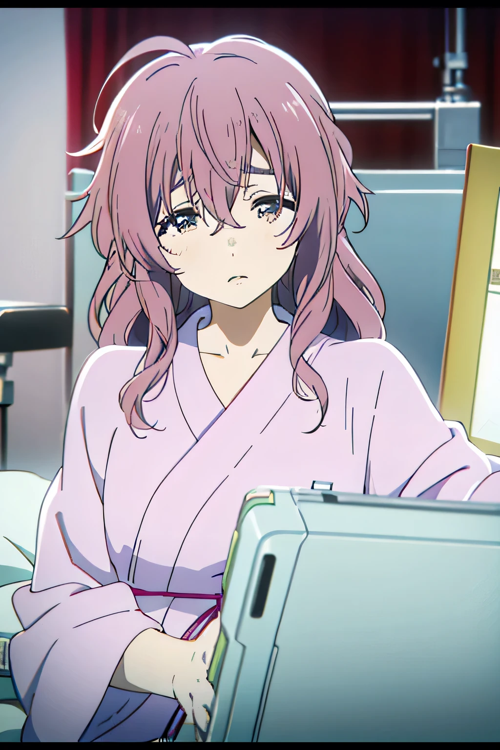 masterpiece，Best quality，1 Girl，Shoko Nishimiya，sad，Tears，Breast augmentation，Lying in a hospital bed，Pink hair，White hair，Messy hair，Bathrobe Hospital Gown