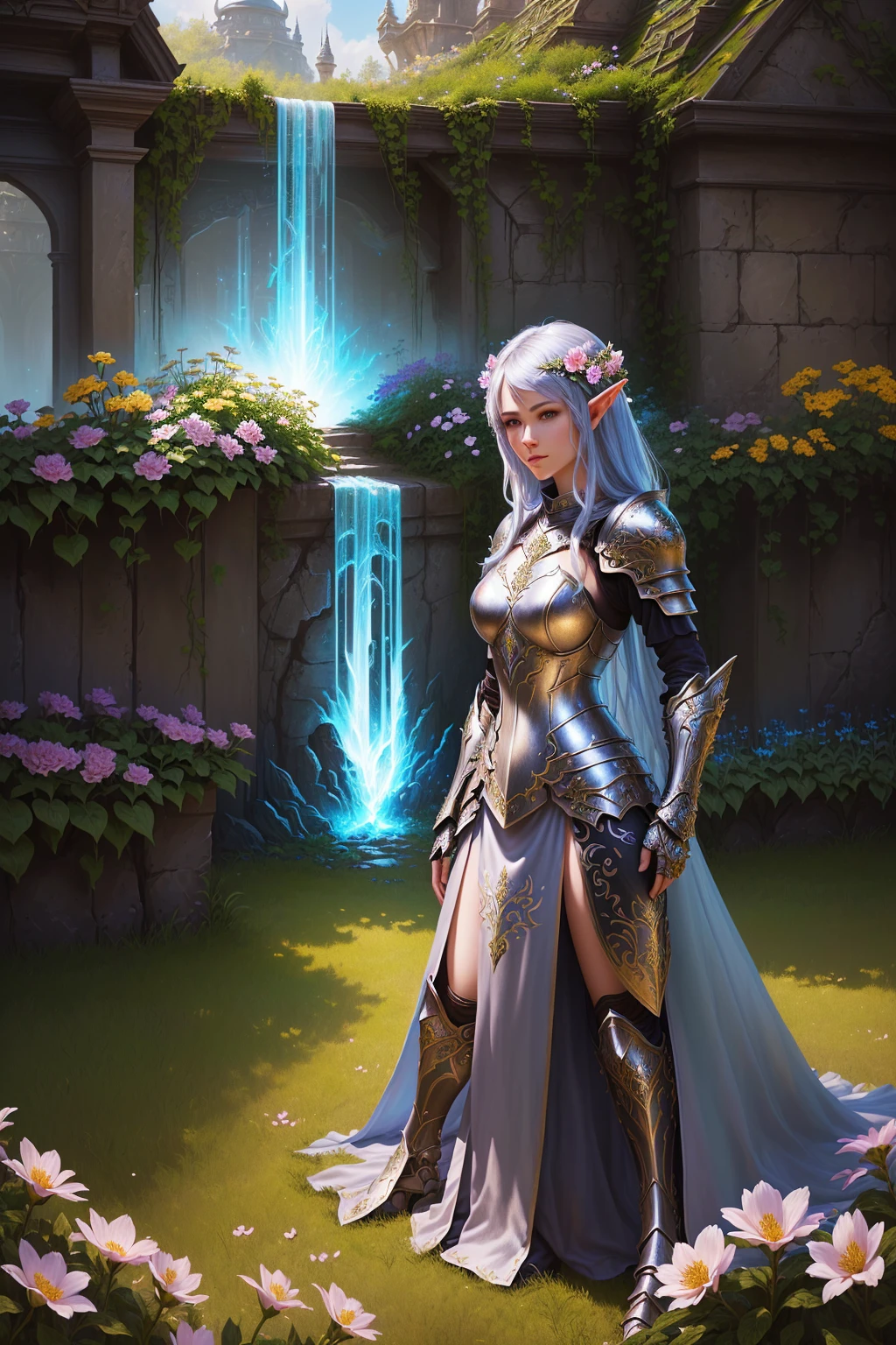 a woman in armor standing in a garden with flowers, epic fantasy art style hd, detailed fantasy art, hd fantasy art, 4k fantasy art, digital fantasy art ), highly detailed fantasy art, fantasy woman, epic fantasy art style, amazing fantasy art, trending digital fantasy art, alluring elf princess knight, detailed fantasy digital art, armor girl, high quality fantasy art