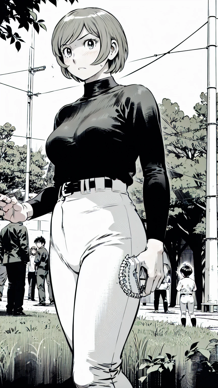 (Baseball uniform:1.2),
Blonde Hair, (short hair:1.2),Long sleeve, Black Shirt, turtleneck,White trousers、uniform、Black belt、((Illustration of people))、Big 、
View Audience,, (Highest quality:1.3),One Girl, White pants、uniform、Outdoor、baseball ground、ground、soil、blue eyes、Tight black shirt、(masterpiece、Highest quality)、Highest quality, Ultra-high resolution, (((masterpiece))), alone, Sweat、Big eyes、Big Breasts、One Girl, Front view、Embarrassed face、Bronze colored hair、((short hair))、Stand up straight
