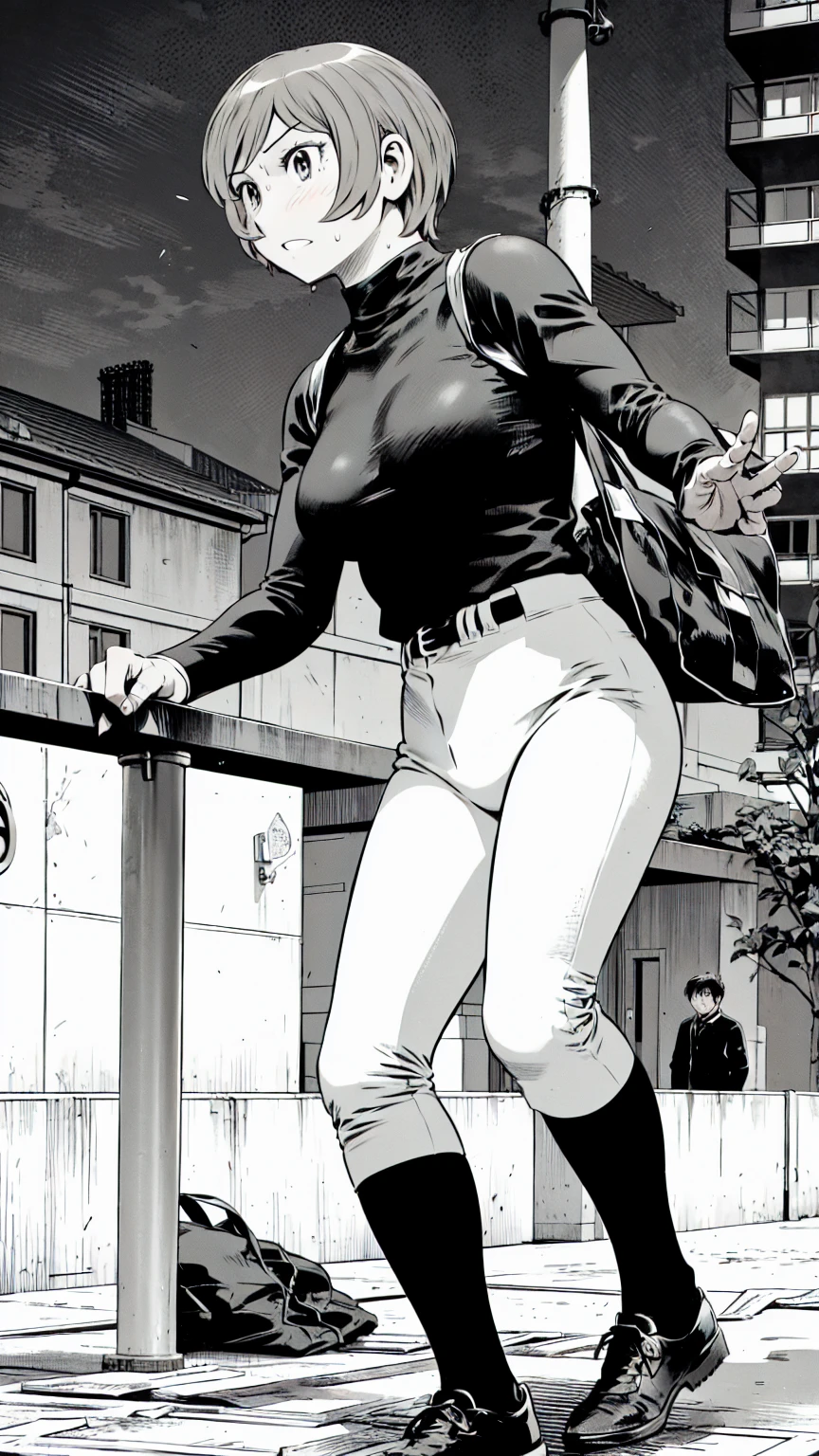 (野球uniform:1.2),
Blonde Hair, (short hair:1.2),Long sleeve, Black Shirt, turtleneck,White trousers、uniform、Black belt、((Illustration of people))、Big 、
View Audience,, (Highest quality:1.3),One Girl, White pants、uniform、Outdoor、baseball ground、ground、soil、blue eyes、Tight black shirt、(masterpiece、Highest quality)、Highest quality, Ultra-high resolution, (((masterpiece))), alone, Sweat、Big eyes、Big Breasts、One Girl, Front view、Embarrassed face、Bronze colored hair、((short hair))、Stand up straight