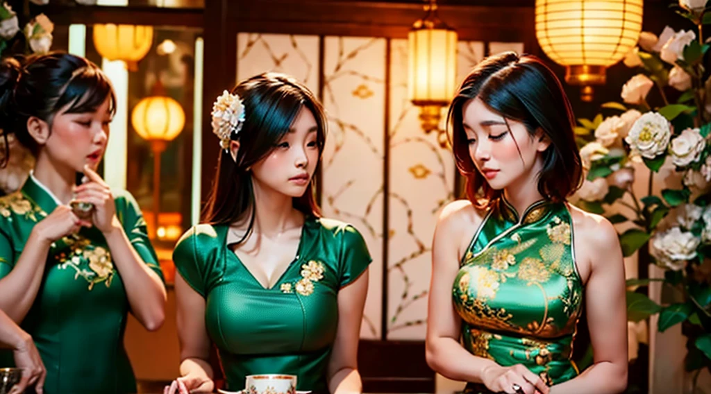 A graceful Chinese beauty, dressed in a flowing qipao of emerald green, intricately embroidered with golden lotus blossoms. The garment hugs her curves in a figure-flattering A-line silhouette, showcasing her elegance and poise. The background is a dimly lit, traditional tea house, imbuing the scene with a sense of nostalgia and tranquility. The composition focuses on her profile, as she gazes thoughtfully into a cup of steaming tea, capturing the quiet moment of introspection.