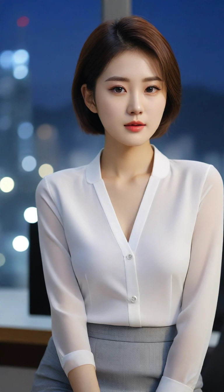 Close up of beautiful Korean woman, Chest 34 inches, wearing a long sleeve shirt, skirt, in office,  Scenery background, night,Short Hair UHD
