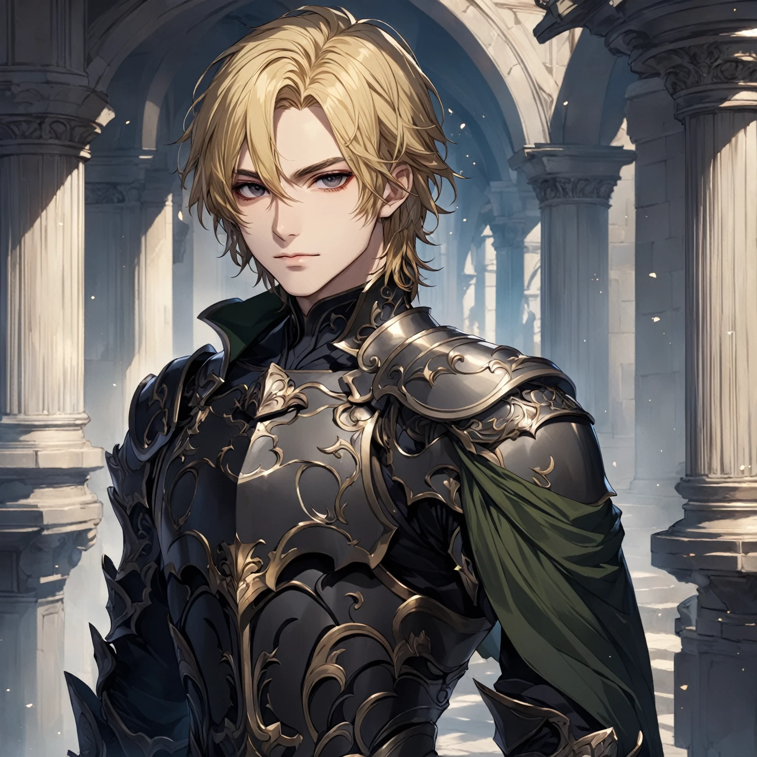 masterpiece, best quality, 1man, adult, male focus, solo, blonde hair, medium hair, vibrant black eyes, looking at viewer, closed mouth, Fantasy aesthetics, Highly detailed, shadowverse style