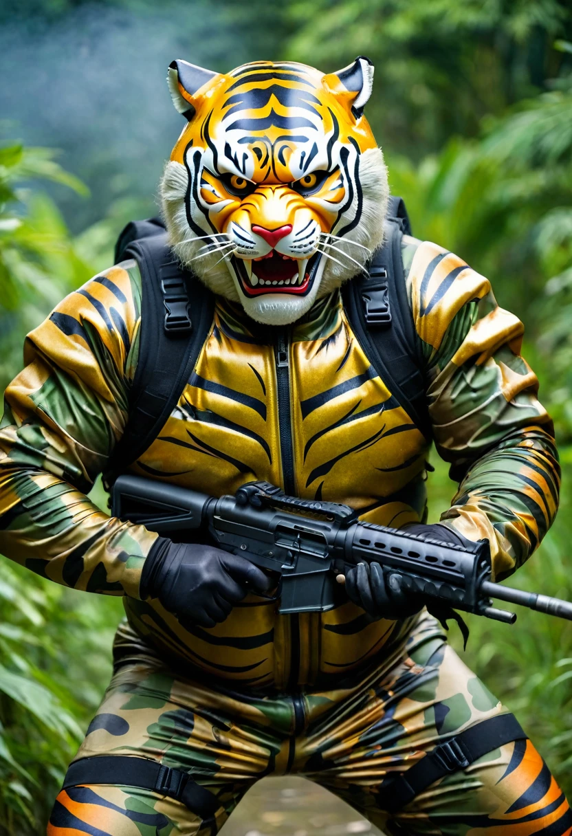 (a dark-skinned fat old man in a bulky camouflage zipper diver suit) shooting with a gun and (wearing roaring siberian tiger mask that show the wearer eyes), muscular, Basuki Abdullah, sumatraism, action, a character portrait, heroic, fierce, snarling