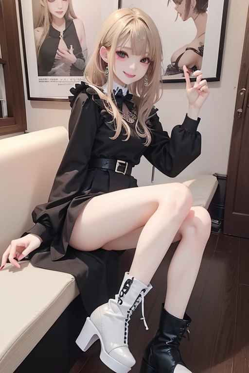 Highest quality、masterpiece、High sensitivity、High resolution、Detailed Description、Slender girl、Kogal、Long fake nails、Color Contact Lenses、Smile and wink、Platform boots、