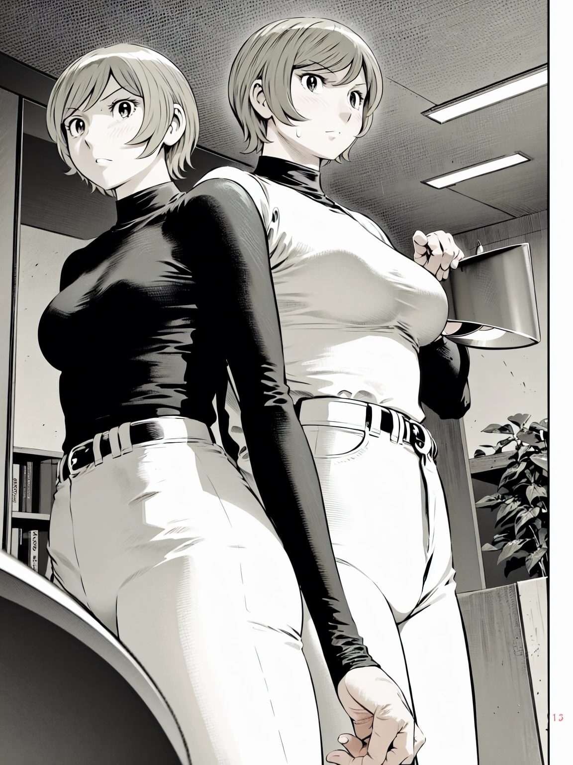 、(masterpiece、Highest quality)、Highest quality, Ultra-high resolution, (((masterpiece))), alone, Sweat、Big eyes,Tight black shirt、Tight white pants、belt、indoor、Composition from the front、(Cut the back hair short、short hair、blonde、woman)、Shortcuts、Embarrassed face、Cut your hair short、可愛いwomanの子、Big Breasts、office