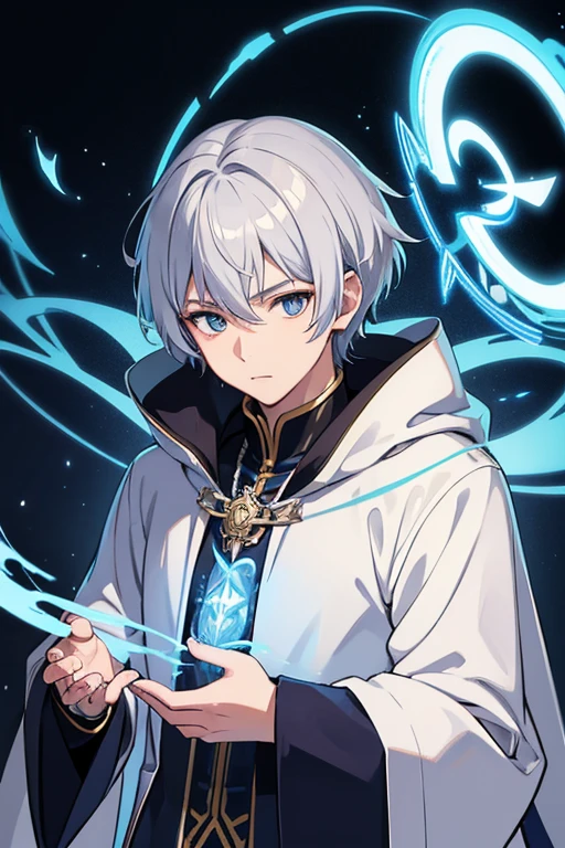 masterpiece, Highest quality, High resolution，Anime Style、Anatomically correct、Silver Hair、Short Hair、male、Wizard、White Robe、magic、Blue Flame Cross、With an ancient castle in the background、Upper body only
